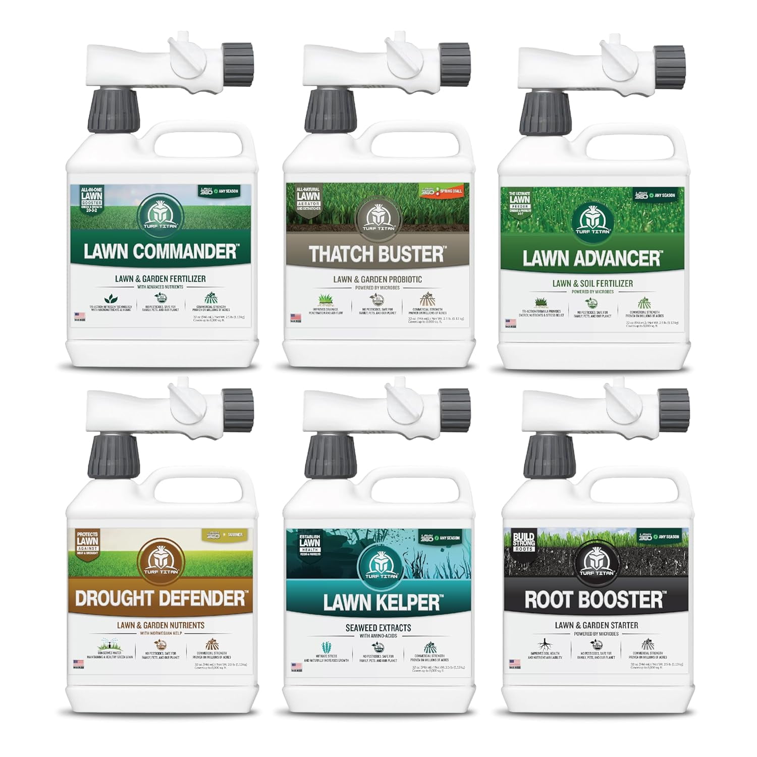 Turf Titan 6 Step Bundle: Lawn Commander, Thatch Buster, Lawn Advancer, Drought Defender, Lawn Kelper and Root Booster - All Year Around Lawn Care Bundle
